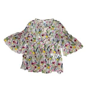 John Mark Multicolor Floral Top with Bell Sleeves, (see through )